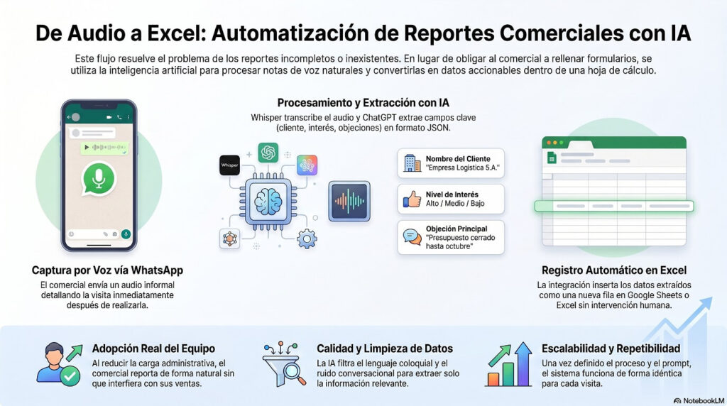 Cómo convertir un audio de WhatsApp en un reporte comercial estructurado con IA