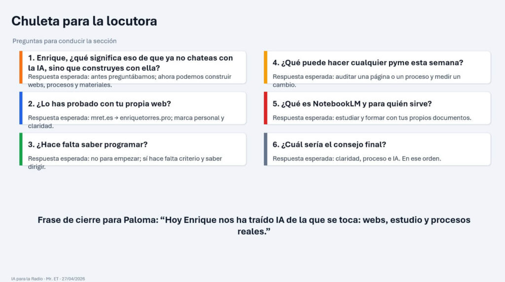 Chuleta de radio sobre uso de inteligencia artificial en negocio y estudio explicada en Onda Cero Albacete por Enrique Torres