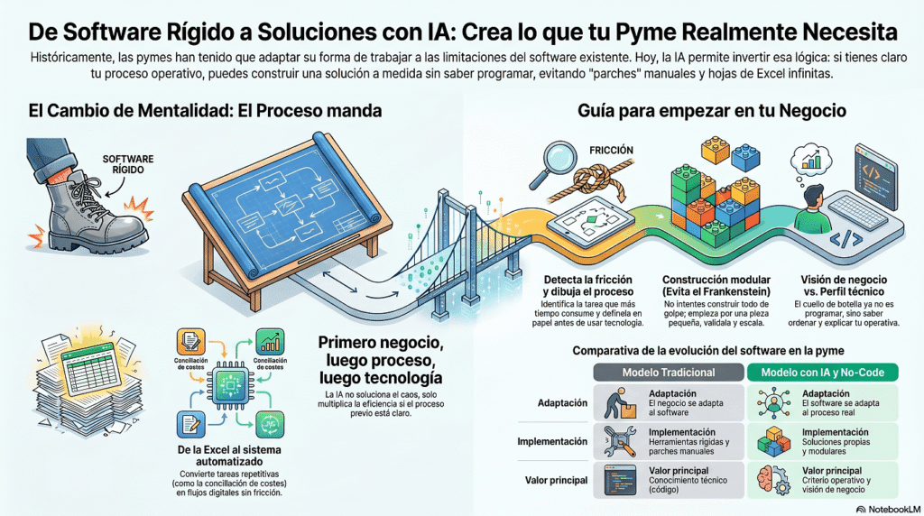 Infografía detallada sobre cómo pasar de un software rígido a una solución modular con inteligencia artificial en una pyme.

