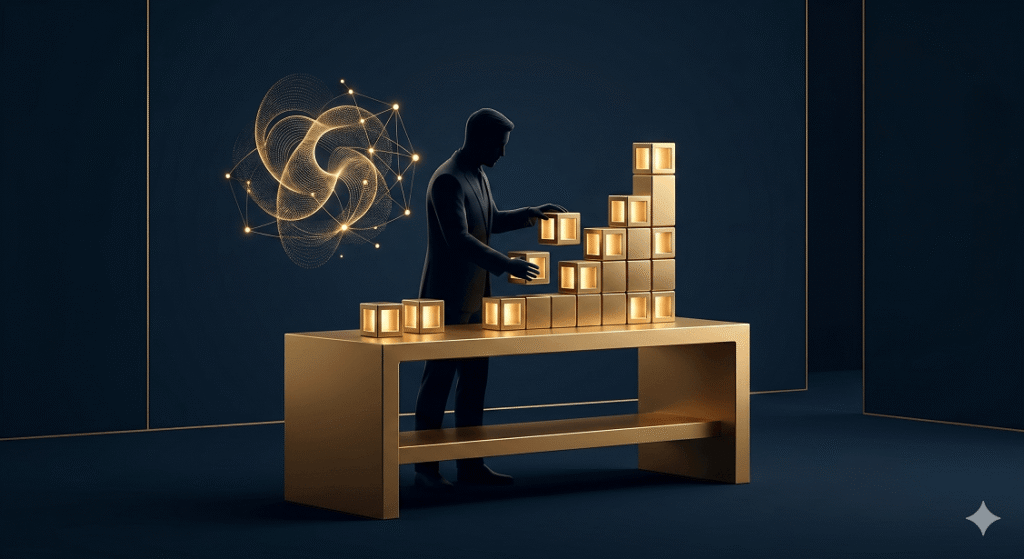 Representación conceptual de la modernización de sistemas empresariales: libros antiguos transformándose en datos estructurados de inteligencia artificial.

