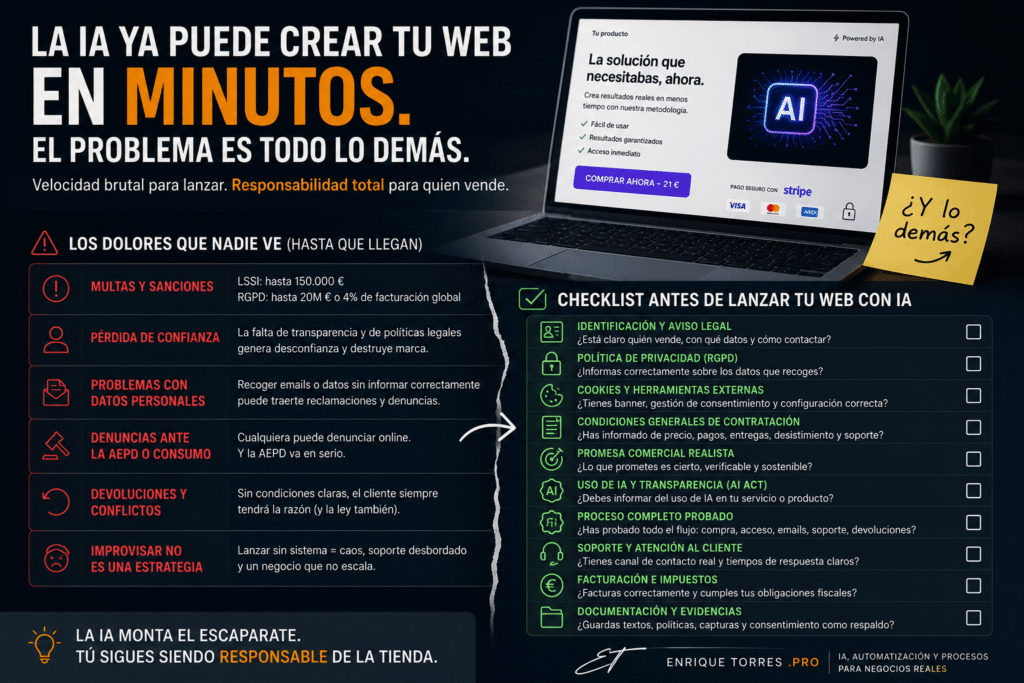 Checklist para crear una web con inteligencia artificial cumpliendo RGPD, LSSI y obligaciones legales en España