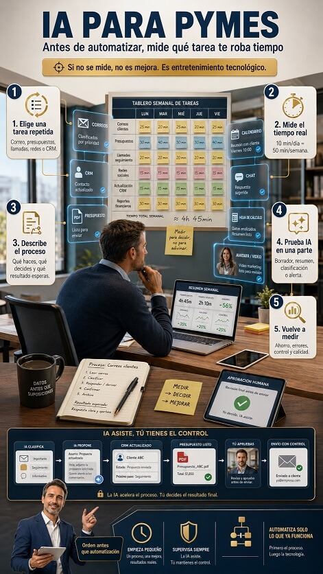 Infografía sobre IA para pymes basada en la intervención de Enrique Torres en Onda Cero Albacete, explicando cómo medir tareas repetitivas antes de automatizarlas con inteligencia artificial.