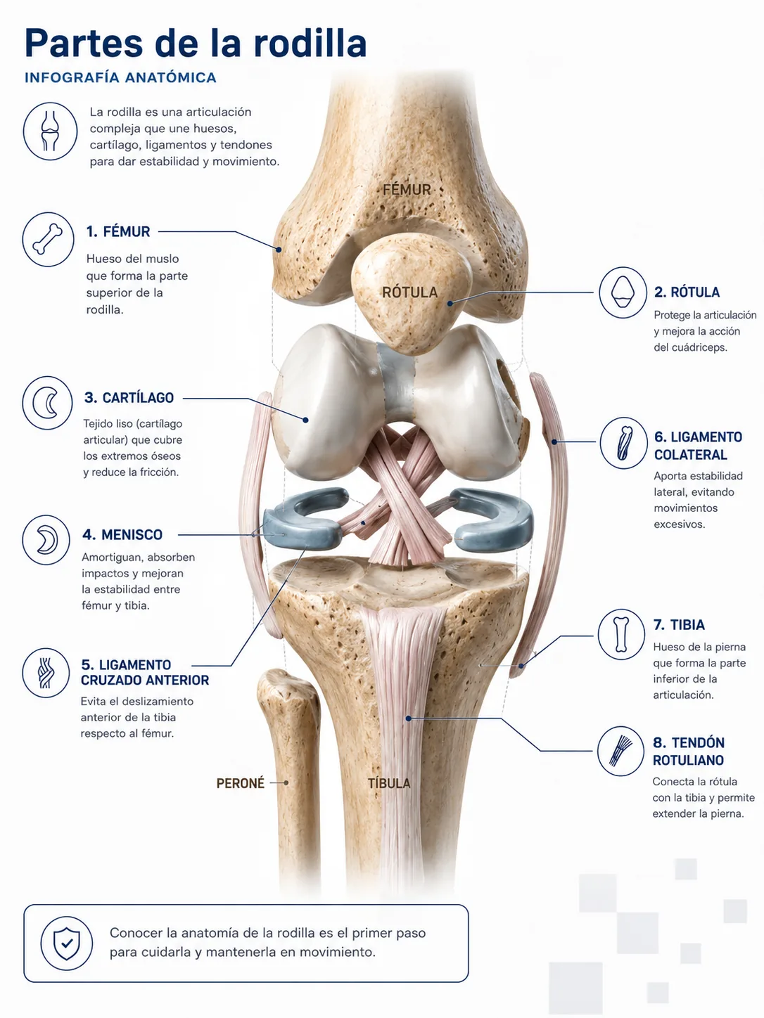 Infografía anatómica de una rodilla con huesos, cartílagos, meniscos y ligamentos identificados.