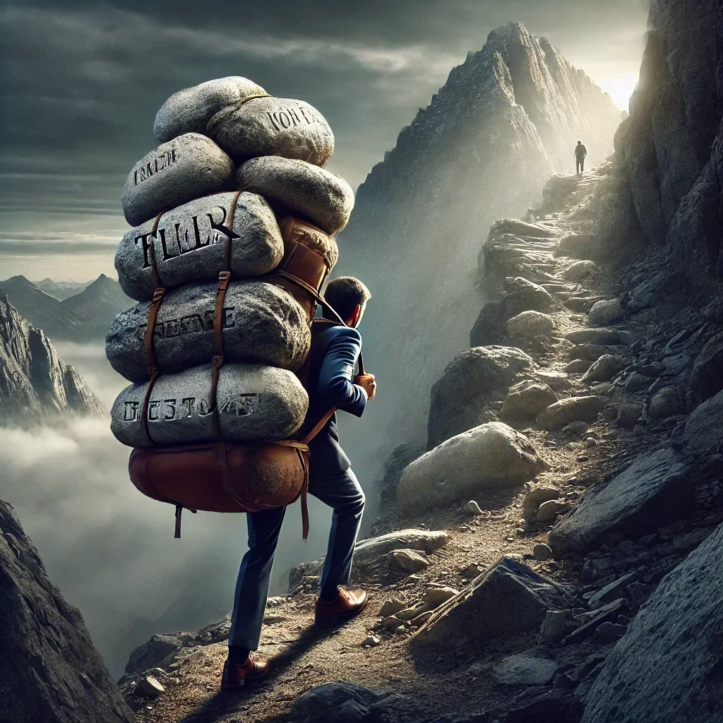 Persona ascendiendo una montaña con una pesada mochila de piedras, metáfora de las creencias heredadas