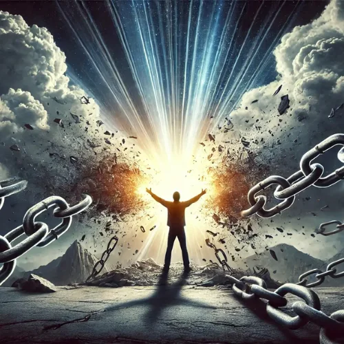 Persona rompiendo cadenas, metáfora de superar las cadenas invisibles del miedo