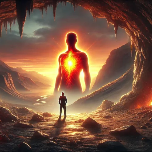Figura humana frente a una silueta iluminada desde el corazón, metáfora del fuego interior y el propósito