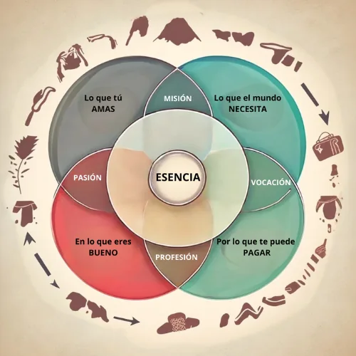 Diagrama de Ikigai con pasión, misión, profesión, vocación y esencia
