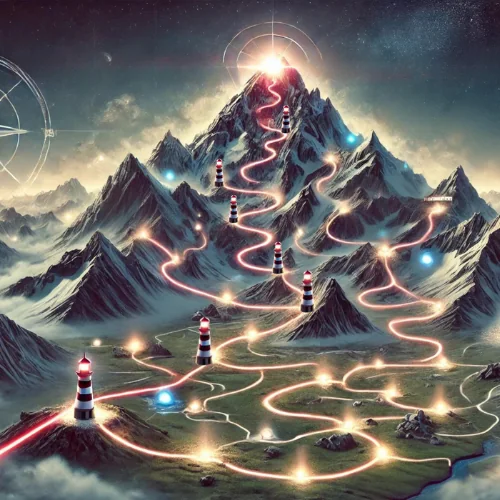 Montaña con rutas, faros y un rayo de luz hacia la cima, representación del método Everlaser
